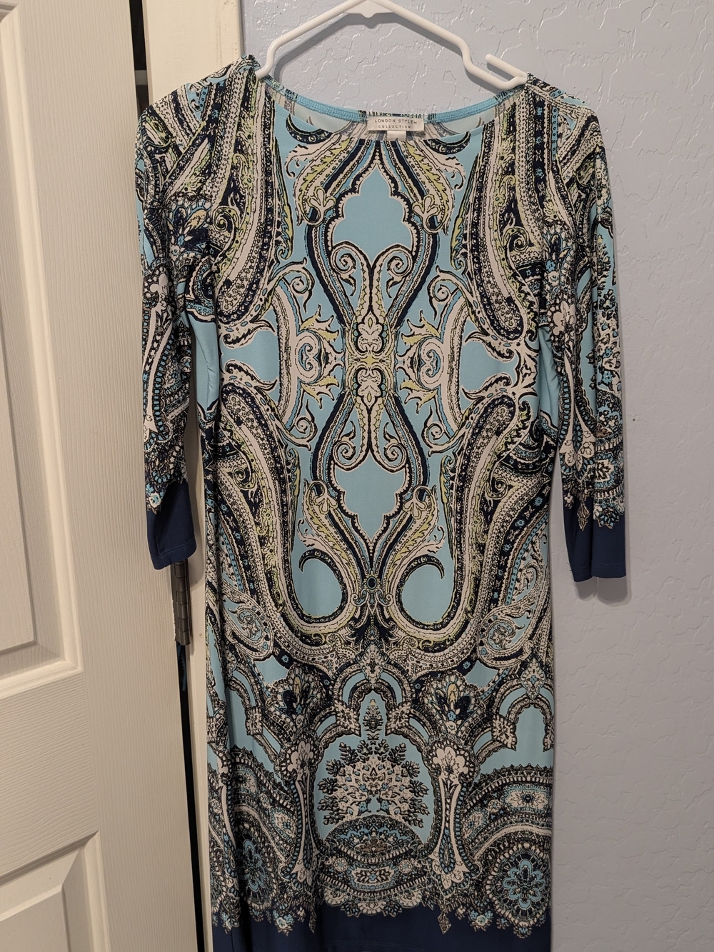 London Style Blue Paisley-Print Midi Dress with Navy Accents